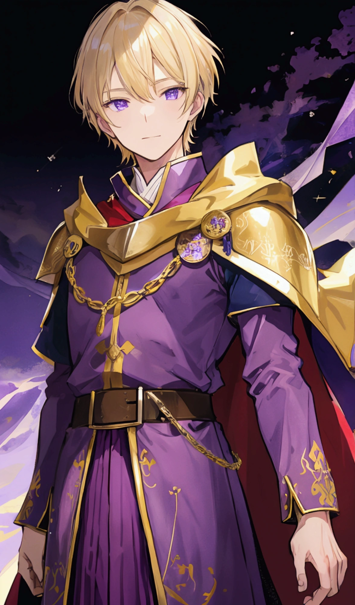 Light blonde、Medieval military uniform、male、Bright Face、Purple themed cape
