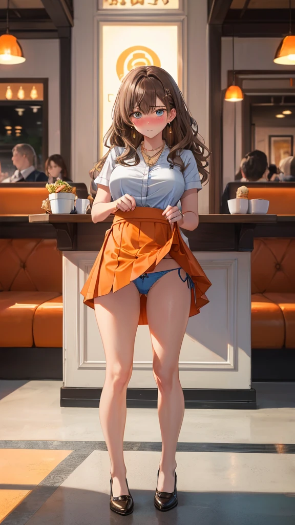 nsfw, (8k、Best image quality、Highest quality、masterpiece)、Detailed face、Detailed Background, Improve、A beautiful 35 year old woman, (Light Brown Hair:1.3), Long wavy hair, blunt bang, Big Tits, Big Ass, (Orange waitress outfit at a family restaurant:1.3), (mini skirt:1.3),Gold Necklace, Earrings, (A tense look:1.5), (Blushing:1.4), Bedroom, The floor is carpeted in brown, Dim lighting, (Have a skirt:1.2), (Lifting her skirt to show her panties:1.5), (Dark light blue panties:1.3), (lift skirt:1.3), (show off panties), (panties visible), from front, full body