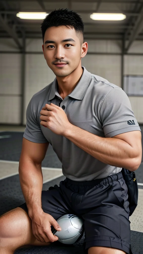 Masterpiece, best quality, high resolution, realistic, handsome, Take beautiful photos, A photo of a 35-year-old Gym Association member sitting on the floor. (The man has a thin mustache.) ,Full body, Portrait, Standing in the locker room, make military media, weight, Amazing , Buzzcut short hair,stubble head , (Hyper Muscle),looking at the audience, Flirt with the camera, charming, (Tight navy blue polo shirt Cargo pants ),(GS-Male:1), 8k,Bokeh,Portrait,look at the viewer, smile