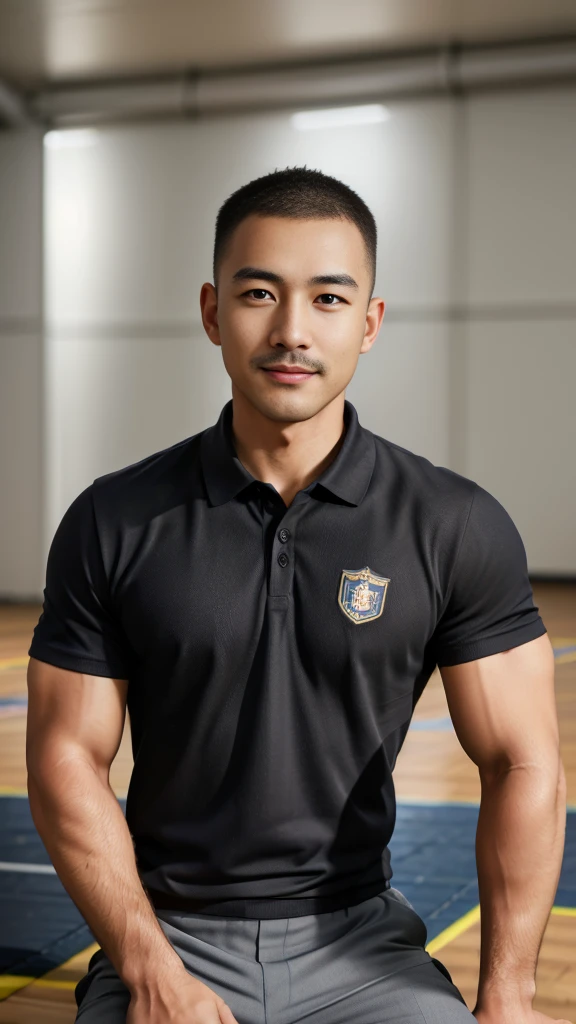 Masterpiece, best quality, high resolution, realistic, handsome, Take beautiful photos, A photo of a 35-year-old Gym Association member sitting on the floor. (The man has a thin mustache.) ,Full body, Portrait, standing on the football field, make military media, weight, Amazing , Buzzcut short hair,stubble head , (Hyper Muscle),looking at the audience, Flirt with the camera, charming, (Tight gray polo shirt Cargo pants ),(GS-Male:1), 8k,Bokeh,Portrait,look at the viewer, smile