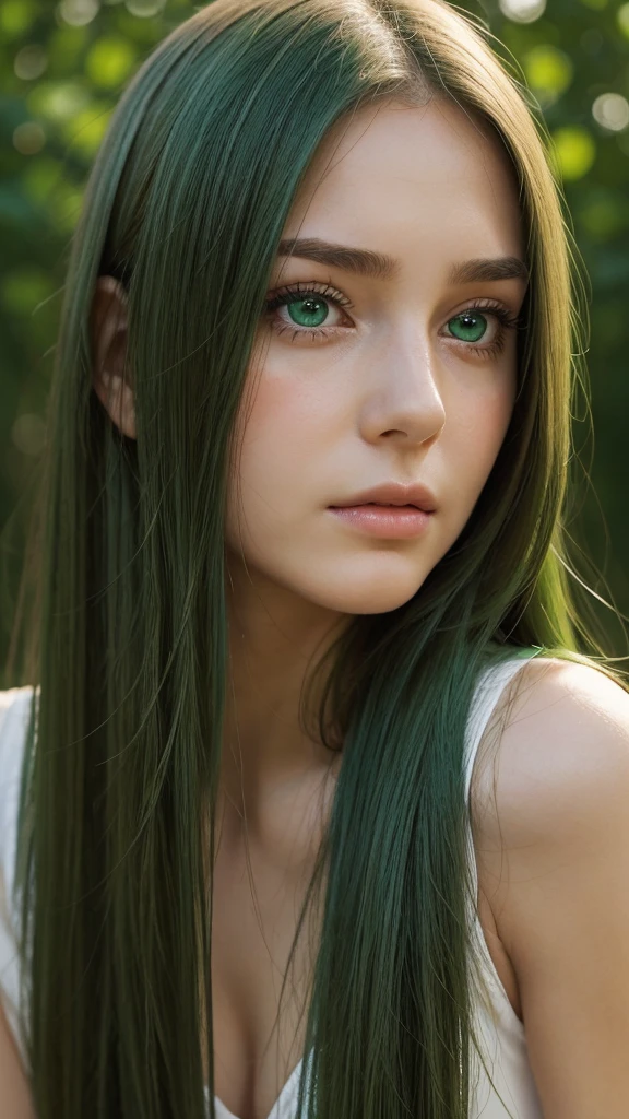 a girl. face sent feeling. Europe. Oval face. long face. delicate facial features. gentle eyes. seductively seductive. green eyes. long straight hair. green hair. expression is very sad. looking passionately. shy. straight face. outdoor