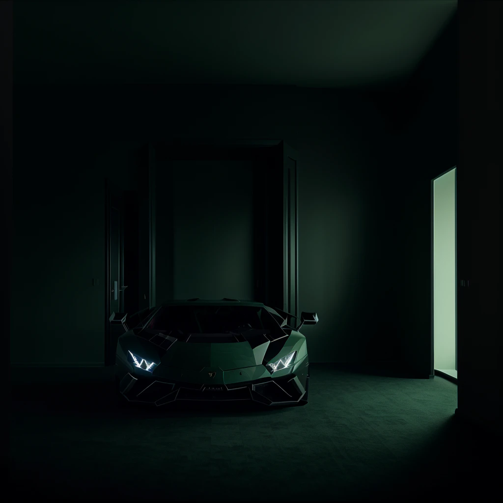 A green lamborghini terzno millennio sports package in a black room, photosoot 
High Resolution, 
