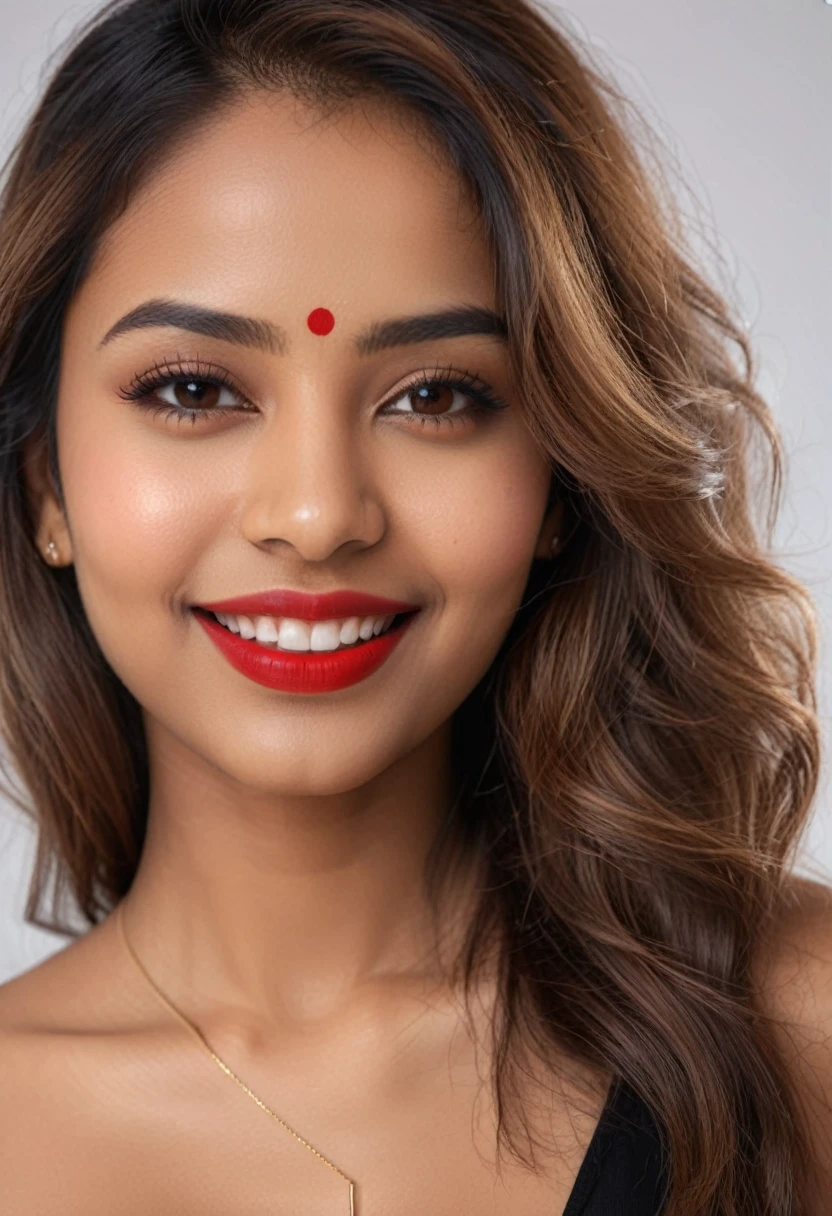 highest quality, Realistic, Very detailed, In detail, High resolution, 4k wallpaper, One beautiful indian woman,, Light brown messy hair, g-string, Sharp focus, Perfect dynamic composition, Beautiful fine details, Fine hair, Detailed and realistic skin texture, smile, Close-up portrait, Model Body Type, red lipstick, sensual Lipstick