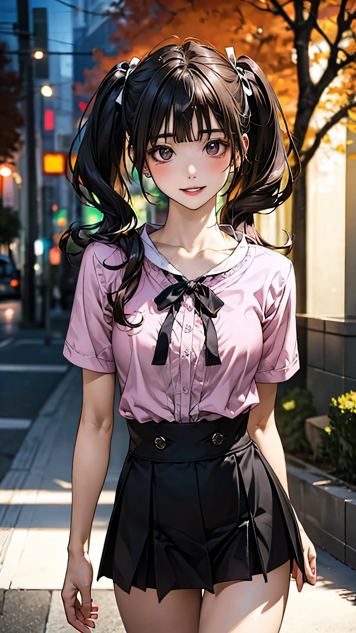 (masterpiece:1.2, top-quality), (realistic, photorealistic:1.4), beautiful illustration, (natural side lighting, movie lighting), nsfw,
looking at viewer, cowboy shot, front view:0.6, 1 girl, japanese, high school girl, perfect face, cute and symmetrical face, shiny skin,
(short hair, twintails, waved hair, dark hair), blunt bangs, gray eyes, long eye lasher, (medium breasts:0.8, thick thighs),
beautiful hair, beautiful face, beautiful detailed eyes, beautiful clavicle, beautiful body, beautiful chest, beautiful thigh, beautiful legs, beautiful fingers,
((pink clothing)), frilld, a black ribbon, black miniskirt, frilld, jirai kei attire, piercings,
(beautiful scenery), night, (tree-lined street), walking, (lovely smile, upper eyes, parted lips),