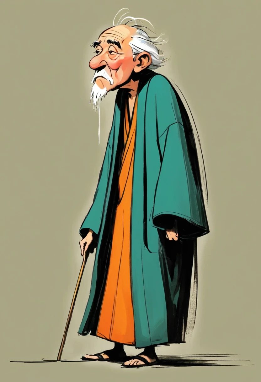 (((Exaggerated digital character sketches:1.37，Matchstick Men))).(1 Old man in a robe，Hunched over，rickets，(Exaggerated expression,)，(Black sketch lines，Loose brushstrokes create the outline，Cartoon Style. Bright colors and simplified lines, sketch)。(Exaggerated body movements),(Large area of blank）