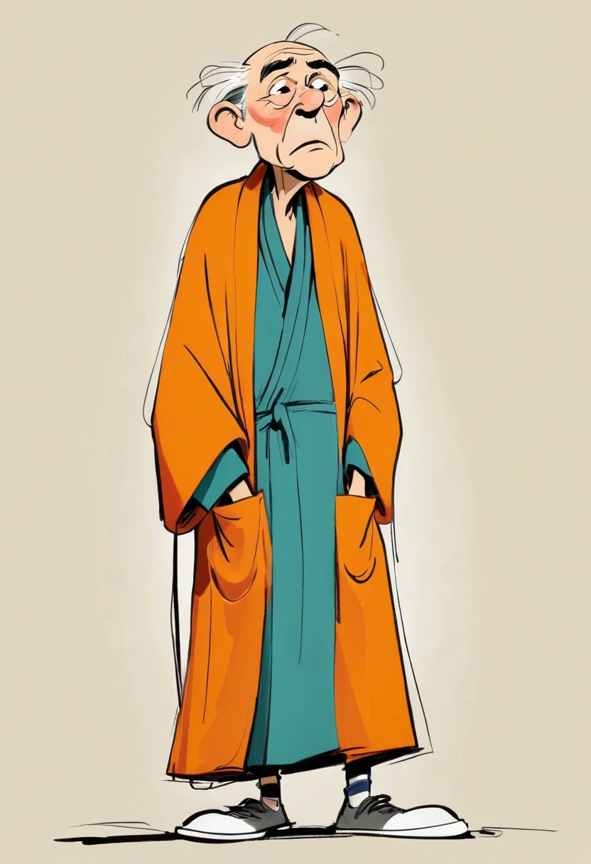 (((Exaggerated digital character sketches:1.37,Matchstick Men))).(1 Old man in a robe,Hunched over,rickets,(Exaggerated expression,),(Black sketch lines,Loose brushstrokes create the outline,Cartoon Style. Bright colors and simplified lines, sketch)。(Exaggerated body movements),(Large area of blank)