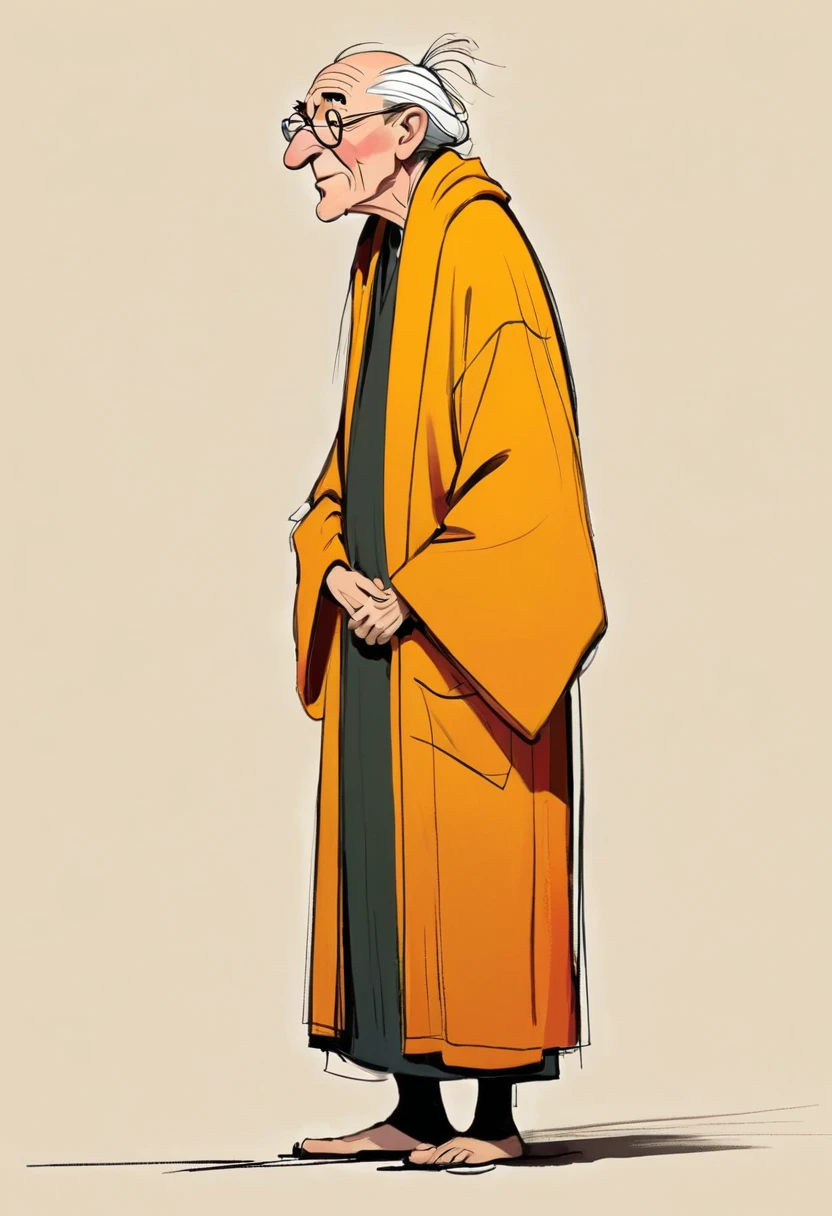 (((Exaggerated digital character sketches:1.37，Matchstick Men))).(1 Old man in a robe，Hunched over，rickets，(Exaggerated expression,)，(Black sketch lines，Loose brushstrokes create the outline，Cartoon Style. Bright colors and simplified lines, sketch)。(Exaggerated body movements),(Large area of blank）
