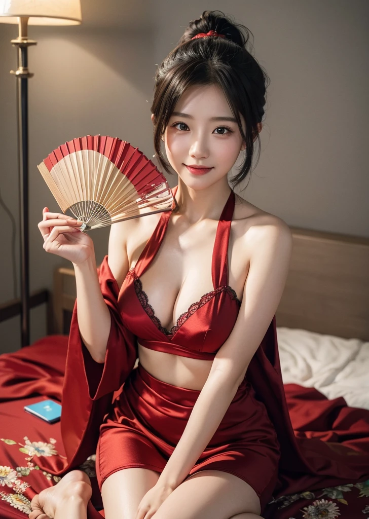 Diffuse lighting、 Highest quality, High resolution, unity 8k wallpaper、Supersaturation, Colorful, 8k resolution, 1 female、Japanese、23 years old、Close-up portrait、Red silk underwear,Red underwear、smile、Mature、Adult women、Upper Body、Open your mouth、Watery eyes、Blushing、midnight、Sitting on a bed covered with flower petals、Sitting on the floor、Fantasy、mysterious、Woman with a Fan, Onmyoji、Spirit medium、