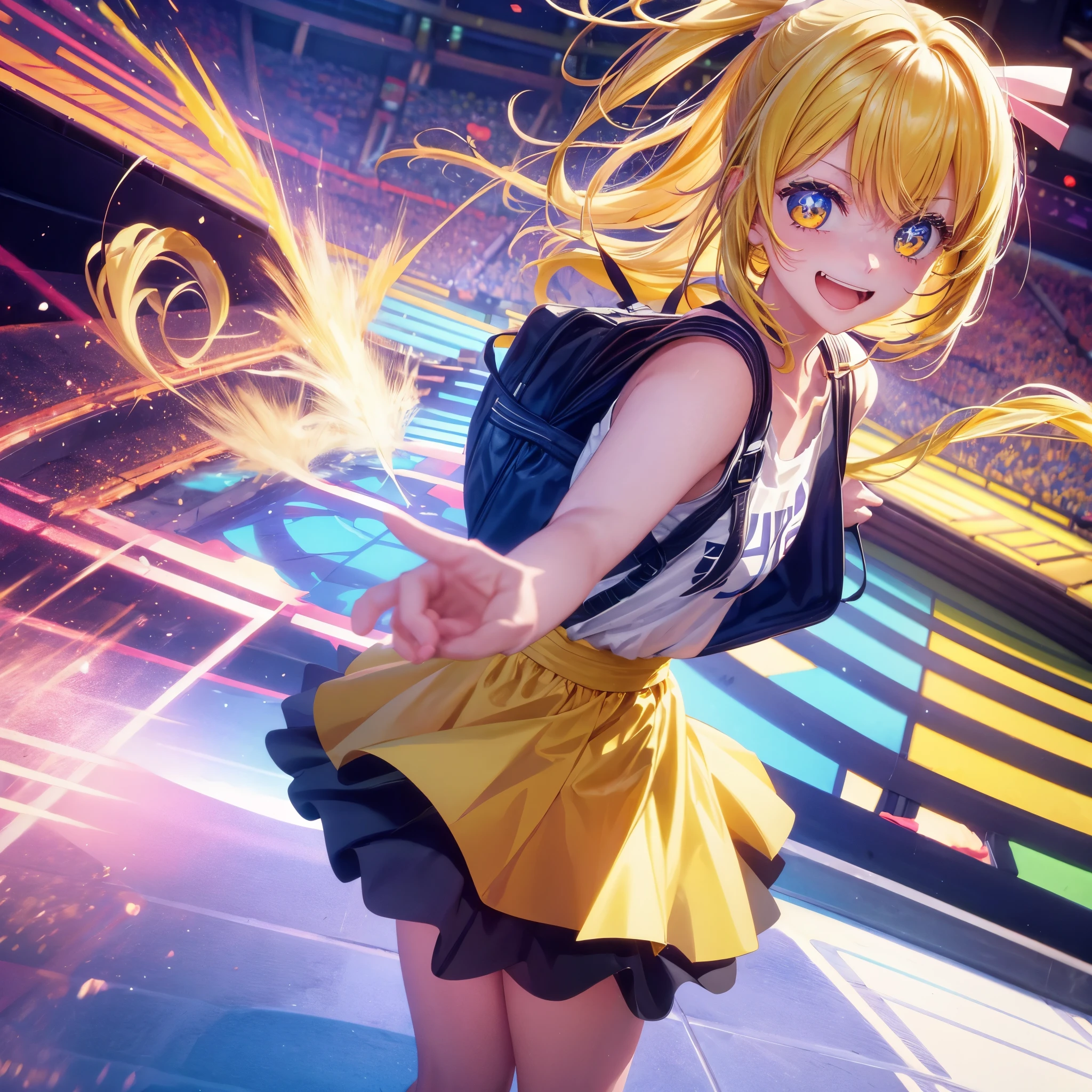 Create an anime-style image of a clumsy and naturally awkward girl with bright yellow hair. She should be wearing a cute, casual yellow outfit, such as a dress or a top with a skirt. Depict her in a moment where she is tripping or stumbling, showing a panicked and embarrassed expression, but also shyly smiling with her teeth showing in an awkward, bashful grin. Her hair is styled in a playful, slightly messy fashion. The background should be lively and fun, with bright colors and dynamic elements that emphasize her c