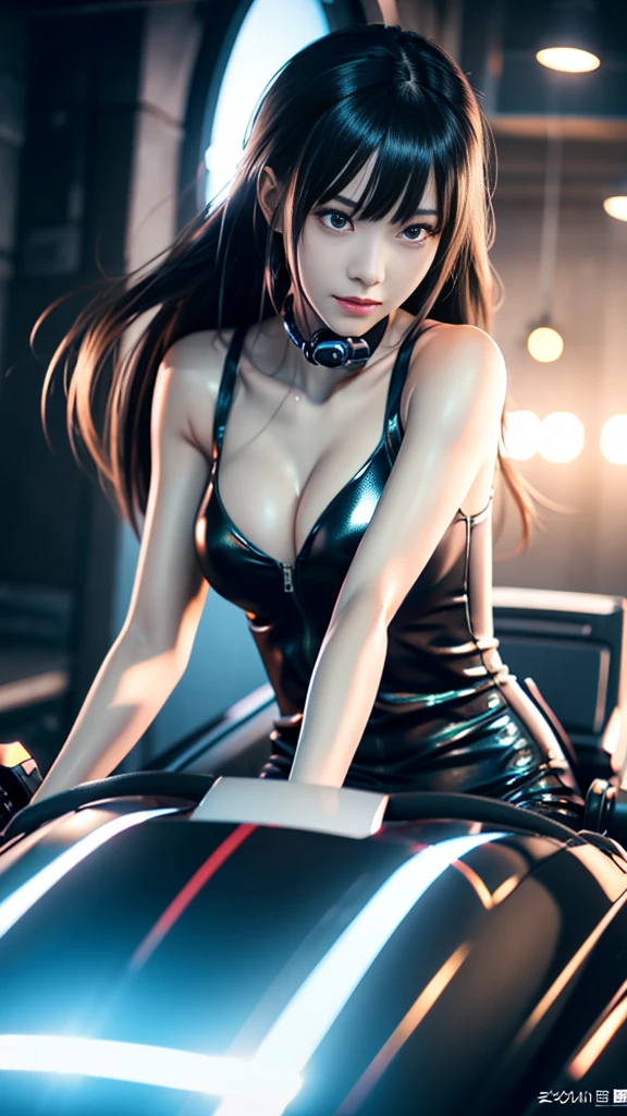 high resolution,8k,1女の子のDetailed,The head, body and even the feet are facing me., Cyberpunk Costume,Only black clothing,The costume is shiny,The whole figure is facing this way and riding a racing kart,Shiny white long hair,8k,Detailed目,detailed Digital Art, Digital Art, Photorealistic anime girl rendering, Digital anime illustration, Smooth CG art, Digital Art,Detailedアート, Style 8K, Detailed,The background is white only,