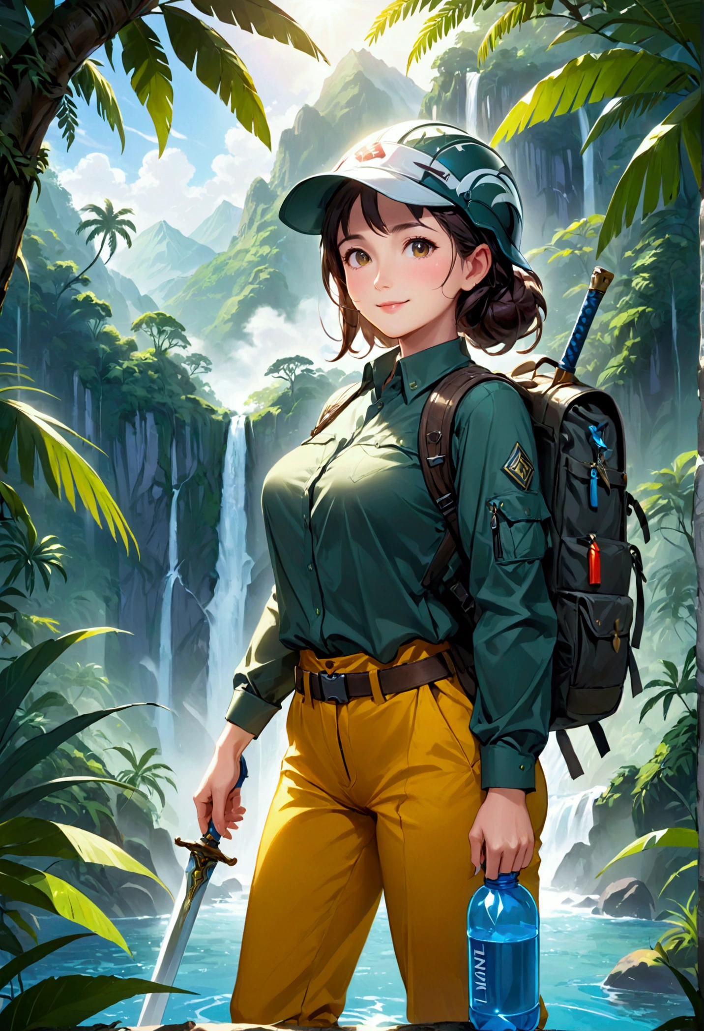 RAW, Best quality, high resolution, masterpiece: 1.3), Elegant MILF on Jungle Adventure (iu:0.8), Best quality, high resolution, Masterpiece: 1.3, Alluring Mature Woman, Masterpiece, Confident Smile, Realistic, 1woman, Mesmerizing Eyes, Radiant Eyes, Parted Lips, Elegant MILF, Full-length, Captivating Figure, Aesthetics of the Female Body, Jungle Explorer, Embarking on Adventure, Wearing Long Sleeve Shirts, Long Pants, Protective Helmet, Backpack, Water bottle, Mountain sword