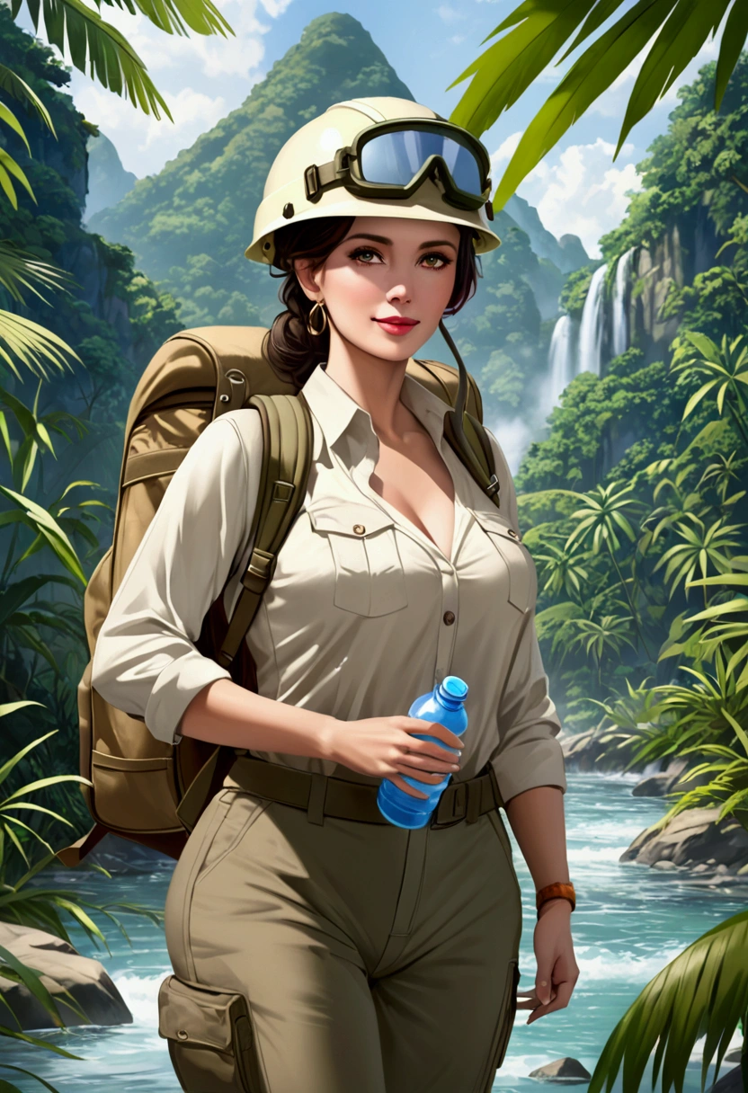 RAW, Best quality, high resolution, masterpiece: 1.3), Elegant MILF on Jungle Adventure (iu:0.8), Best quality, high resolution, Masterpiece: 1.3, Alluring Mature Woman, Masterpiece, Confident Smile, Realistic, 1woman, Mesmerizing Eyes, Radiant Eyes, Parted Lips, Elegant MILF, Full-length, Captivating Figure, Aesthetics of the Female Body, Jungle Explorer, Embarking on Adventure, Wearing Long Sleeve Shirts, Long Pants, Protective Helmet, Backpack, Water bottle, Mountain sword