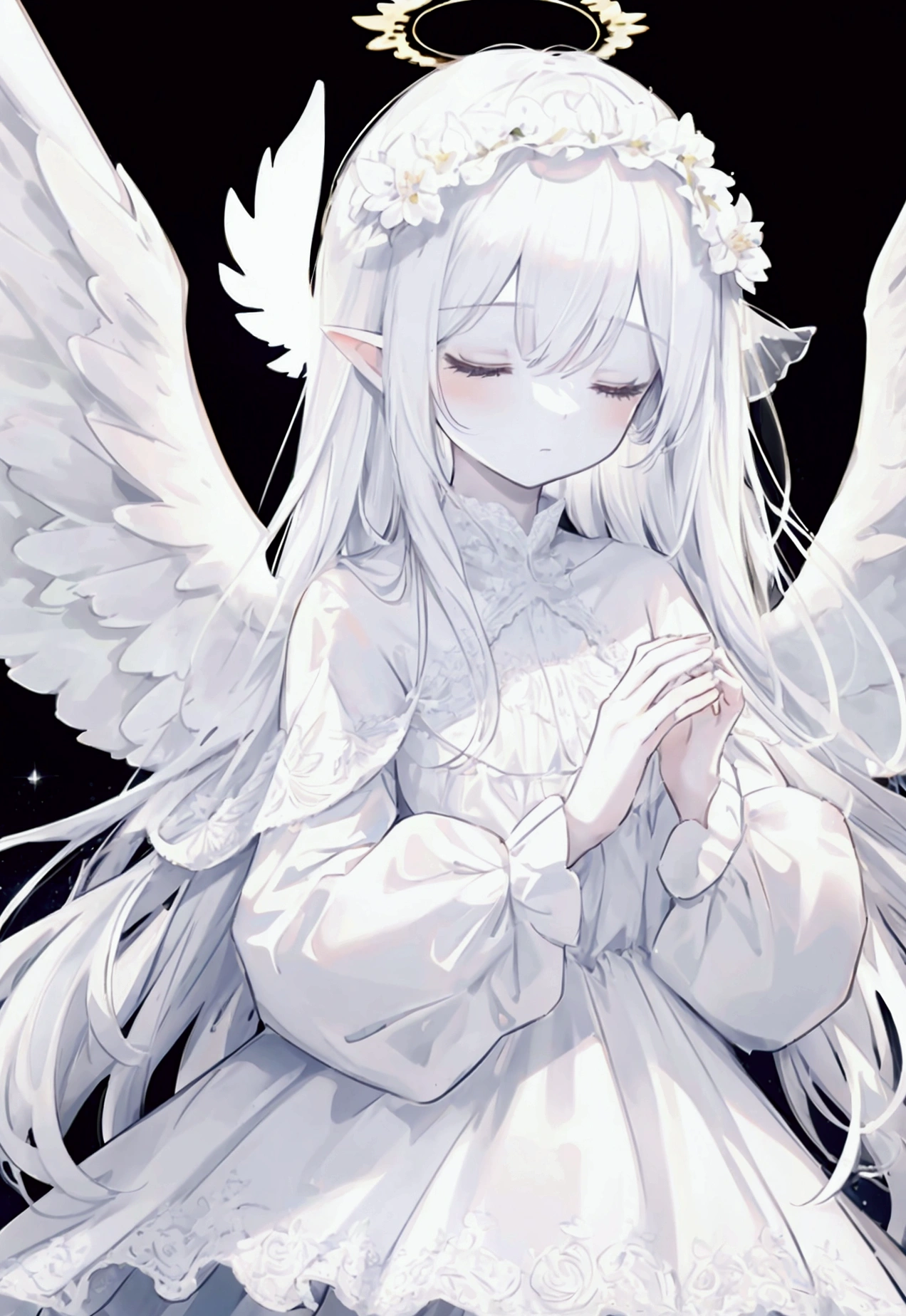 1 angel girl, white long lace dress, wings covering eyes, wings on the eyes, wings on the head, wings on the back, seraphim, halo, white eyes, closed eyes, white long hair, pale skin, white long hair