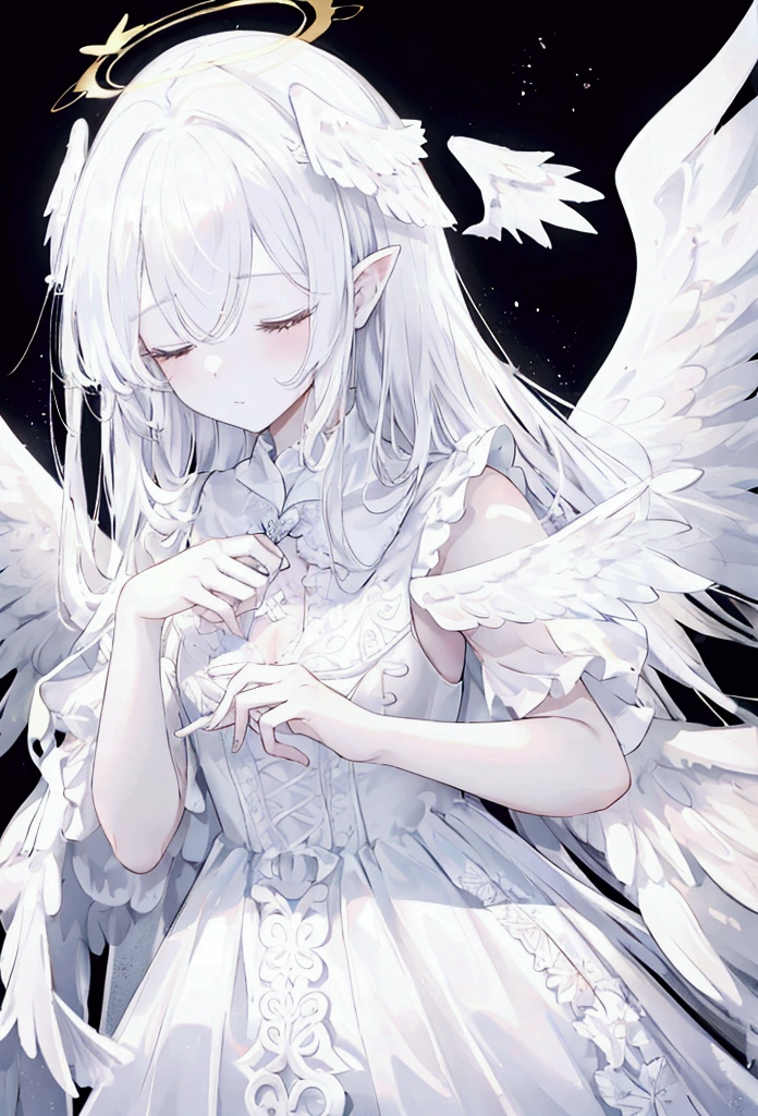 1 angel girl, white long lace dress, wings covering eyes, wings on the eyes, wings on the head, wings on the back, seraphim, halo, white eyes, closed eyes, white long hair, pale skin, white long hair