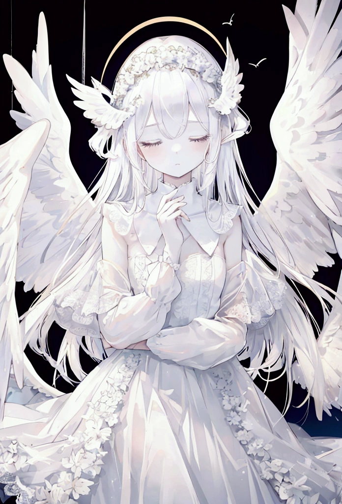 1 angel girl, white long lace dress, wings covering eyes, wings on the eyes, wings on the head, wings on the back, seraphim, halo, white eyes, closed eyes, white long hair, pale skin, white long hair