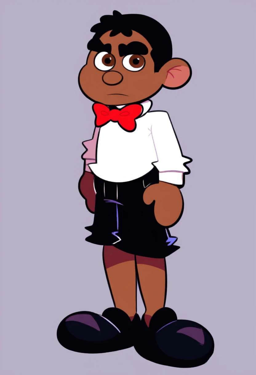 bitterman_carlito, dark skin, bowtie, red bow, red suit, white shirt underneath suit, long sleeve. hispanic, black mustache, standing, thick eyebrows, 1boy, solo, full body, shorts, black shorts, black shoes, black hair, brown eyes. simple background, amanditas4_style,