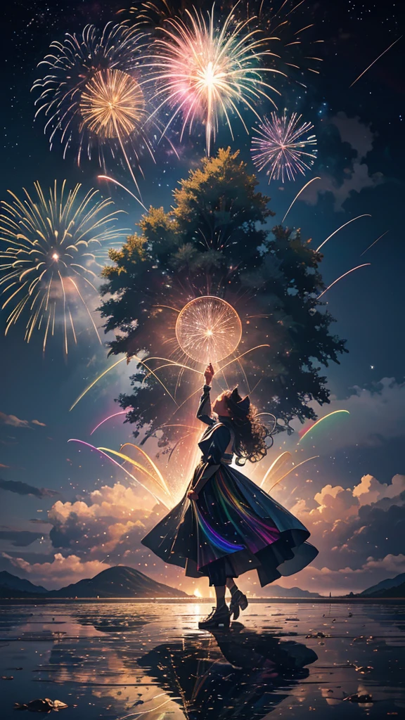 horse、horseたちに囲まれて、Mysterious Landscape、firework、firework大会、Rainbow colorsのfireworkが打ちあがっている瞬間、夜nullとともに、草原な景色で壮大なfirework、future都市、Highest quality、masterpiece, (Diffuse reflection of light:1.2), When the fantastic rainbow turns into shadow, bathed in a mystical atmosphere.horseたちも見ています, Cast magic spells. evoke a sense of wonder and awe. A fusion of natural grandeur and magic, Weaving dreams into reality. Behold, null, And the unknown, Fleeting、And an eternal moment, 16K, Ultra-high resolution.Realistic, Ultra-high resolution, to be born,future、Rainbow colorsに光り輝く、Rainbow colors、The world 30 years from now。