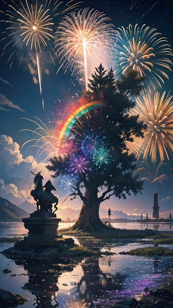 horse、horseたちに囲まれて、Mysterious Landscape、firework、firework大会、Rainbow colorsのfireworkが打ちあがっている瞬間、夜nullとともに、草原な景色で壮大なfirework、future都市、Highest quality、masterpiece, (Diffuse reflection of light:1.2), When the fantastic rainbow turns into shadow, bathed in a mystical atmosphere.horseたちも見ています, Cast magic spells. evoke a sense of wonder and awe. A fusion of natural grandeur and magic, Weaving dreams into reality. Behold, null, And the unknown, Fleeting、And an eternal moment, 16K, Ultra-high resolution.Realistic, Ultra-high resolution, to be born,future、Rainbow colorsに光り輝く、Rainbow colors、The world 30 years from now。