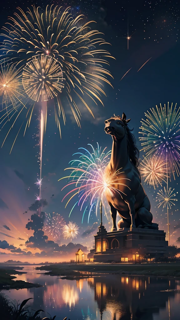 horse、horseたちに囲まれて、Mysterious Landscape、firework、firework大会、Rainbow colorsのfireworkが打ちあがっている瞬間、夜nullとともに、草原な景色で壮大なfirework、future都市、Highest quality、masterpiece, (Diffuse reflection of light:1.2), When the fantastic rainbow turns into shadow, bathed in a mystical atmosphere.horseたちも見ています, Cast magic spells. evoke a sense of wonder and awe. A fusion of natural grandeur and magic, Weaving dreams into reality. Behold, null, And the unknown, Fleeting、And an eternal moment, 16K, Ultra-high resolution.Realistic, Ultra-high resolution, to be born,future、Rainbow colorsに光り輝く、Rainbow colors、The world 30 years from now。