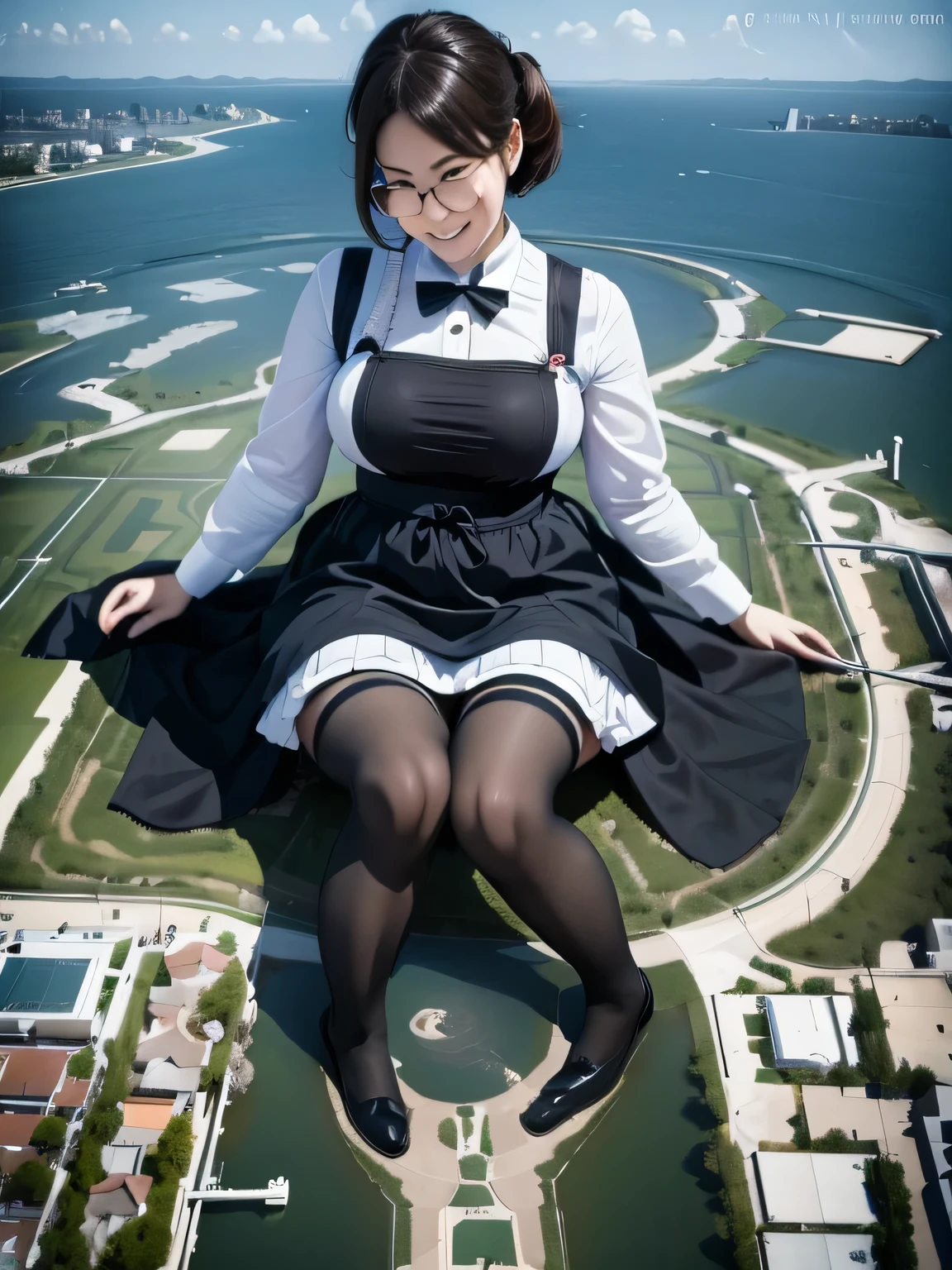 multiple girls, giantess art, highly detailed giantess shots, giantess, most detailed, perfect face, Two legs, Five fingers, short hair, A beautiful girl who is bigger than a skyscraper, Wearing rimless glasses, smile, huge breasts, Maid clothes, Black Pantyhose, no shoes on, toes visible through pantyhose, Steam coming out from the soles of my feet, Destroying cities, Under heavy attack, A very small big city, Miniature metropolis, Full body description, GTS, giga giantess, stomping city, crash city, tiny city, micro city, pantyhose feet, High resolution, highest quality, masterpiece, 