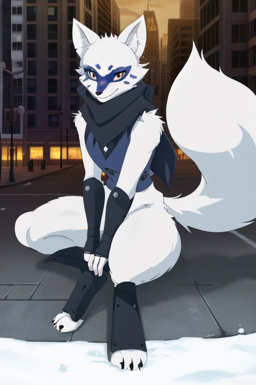 Alopex, arctic fox, furry character, blue marks face, tmnt, smile, orange eyes, girl1, solo, city, fox tail, black scarf, black bandage arms and legs, ninja shirt, ninja pants, Fox Ears, Anime style, Masterpiece, Best Quality,
