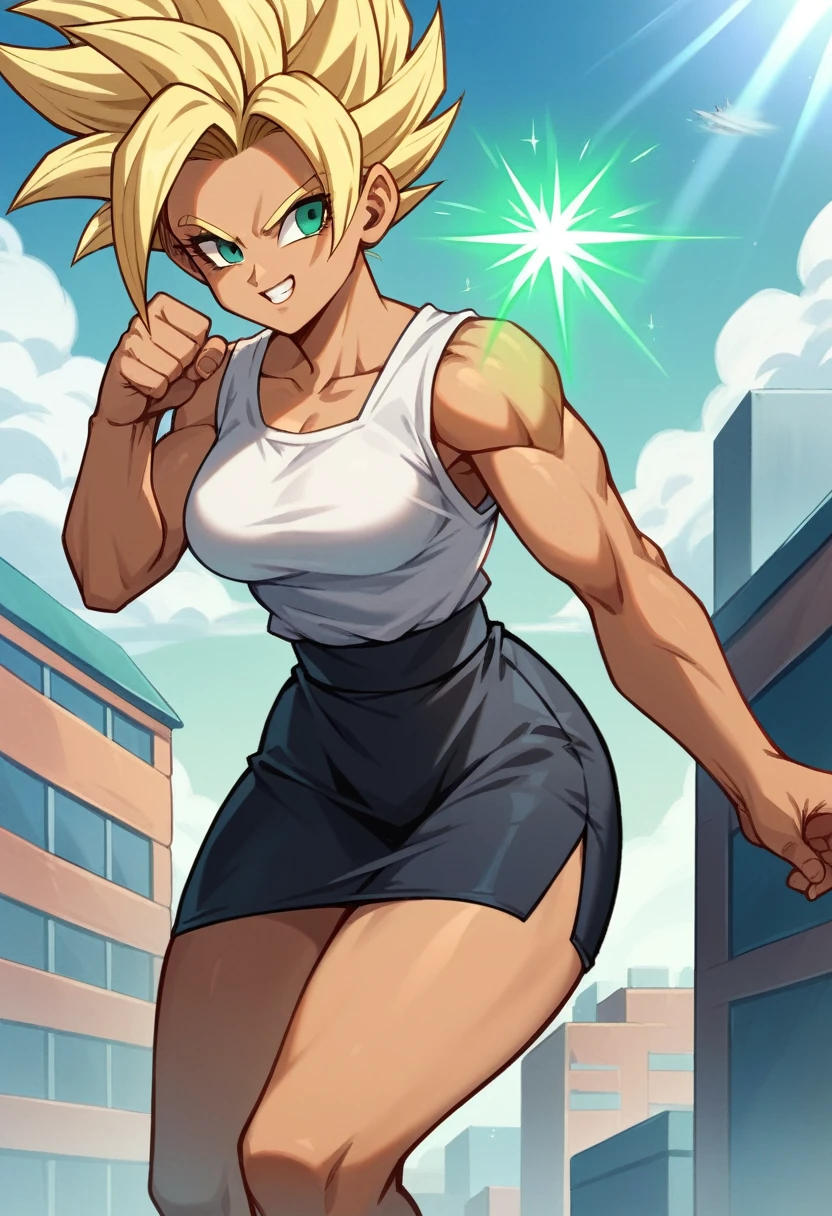 1 girl ,Saiyan, strong blonde hair spiked up, green eyes,slim, thin waist, wide hips, brown skin color, medium breasts, white top, short black skirt, the character is flying, standing, the location is a city, raising your ki, fists closed, aura around, charging your ki,raising your ki, closed fists, aura around, ki energy around the character, super saiyan two ,immense energy around , blue rays around the character