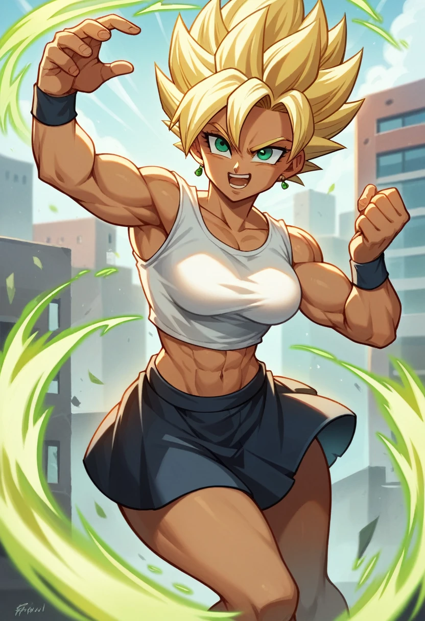 1 girl ,Saiyan, strong blonde hair spiked up, green eyes,slim, thin waist, wide hips, brown skin color, medium breasts, white top, short black skirt, the character is flying, standing, the location is a city, raising your ki, fists closed, aura around, charging your ki,raising your ki, closed fists, aura around, ki energy around the character, super saiyan two ,immense energy around , blue rays around the character