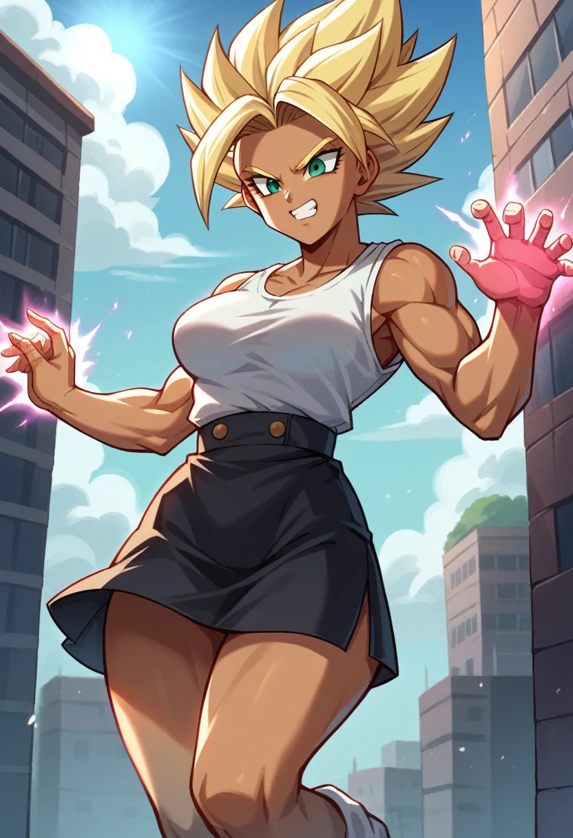 1 girl ,Saiyan, strong blonde hair spiked up, green eyes,slim, thin waist, wide hips, brown skin color, medium breasts, white top, short black skirt, the character is flying, standing, the location is a city, raising your ki, fists closed, aura around, charging your ki,raising your ki, closed fists, aura around, ki energy around the character, super saiyan two ,immense energy around , blue rays around the character