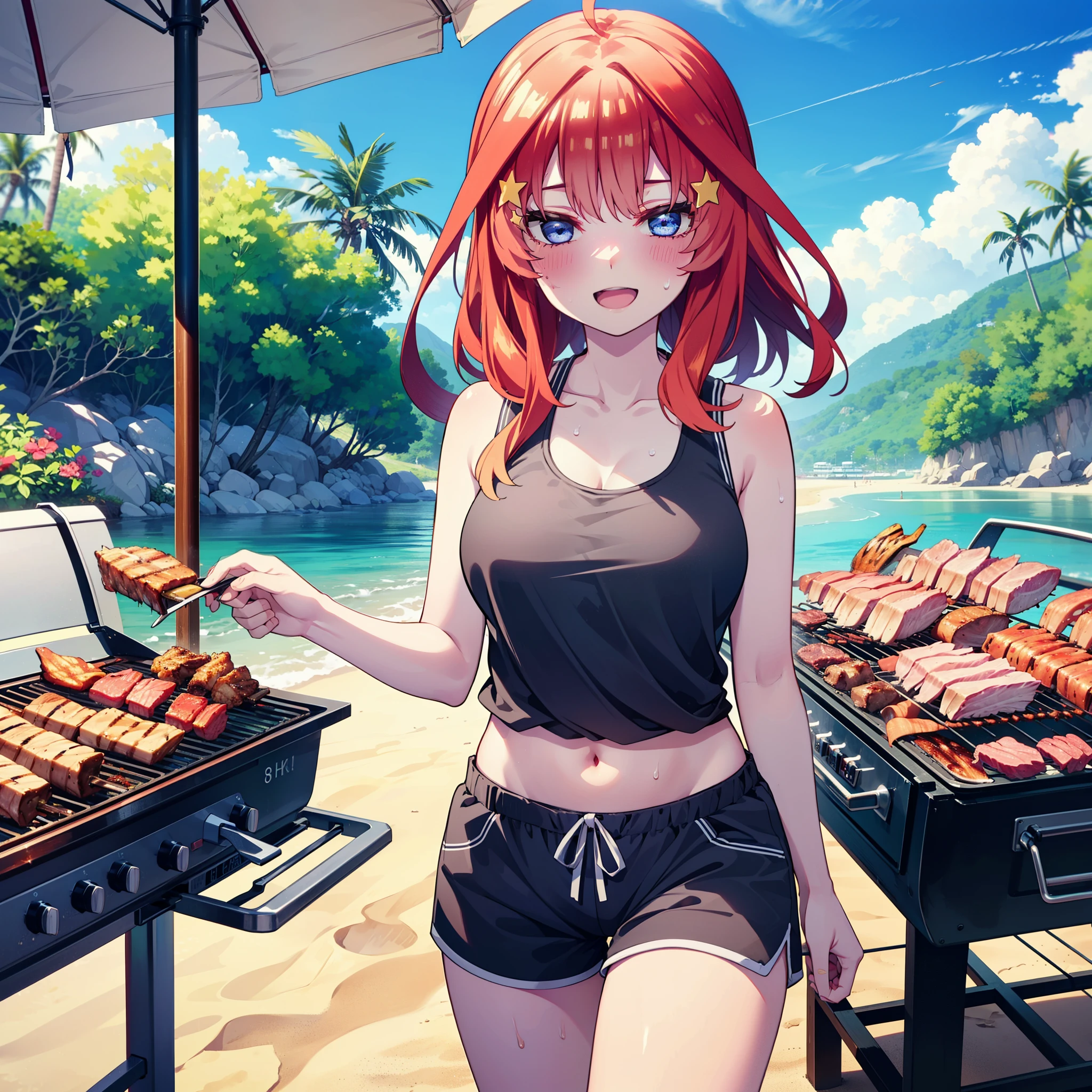 itsukinakano, Itsuki Nakano, bangs, blue eyes, Hair between the eyes, Ahoge, Redhead, star \(symbol\), hair ornaments, star hair ornaments,Baseball hats,happy smile, smile, Open your mouth,Red Tank Top,Belly button,Shorts,barefoot,Sweat,Beach,barbecue,cooking,Grilled meat,barbecue,Grilling meat,eating meat,Grilled meat,Palm tree,True Summer,Daytime,Clear skies,
break indoors, Beach,Sandy Beach,
break looking at viewer, (Cowboy Shot:1.5),
break (masterpiece:1.2), Highest quality, High resolution, unity 8k wallpaper, (figure:0.8), (Beautiful attention to detail:1.6), Highly detailed face, Perfect lighting, Highly detailed CG, (Perfect hands, Perfect Anatomy),