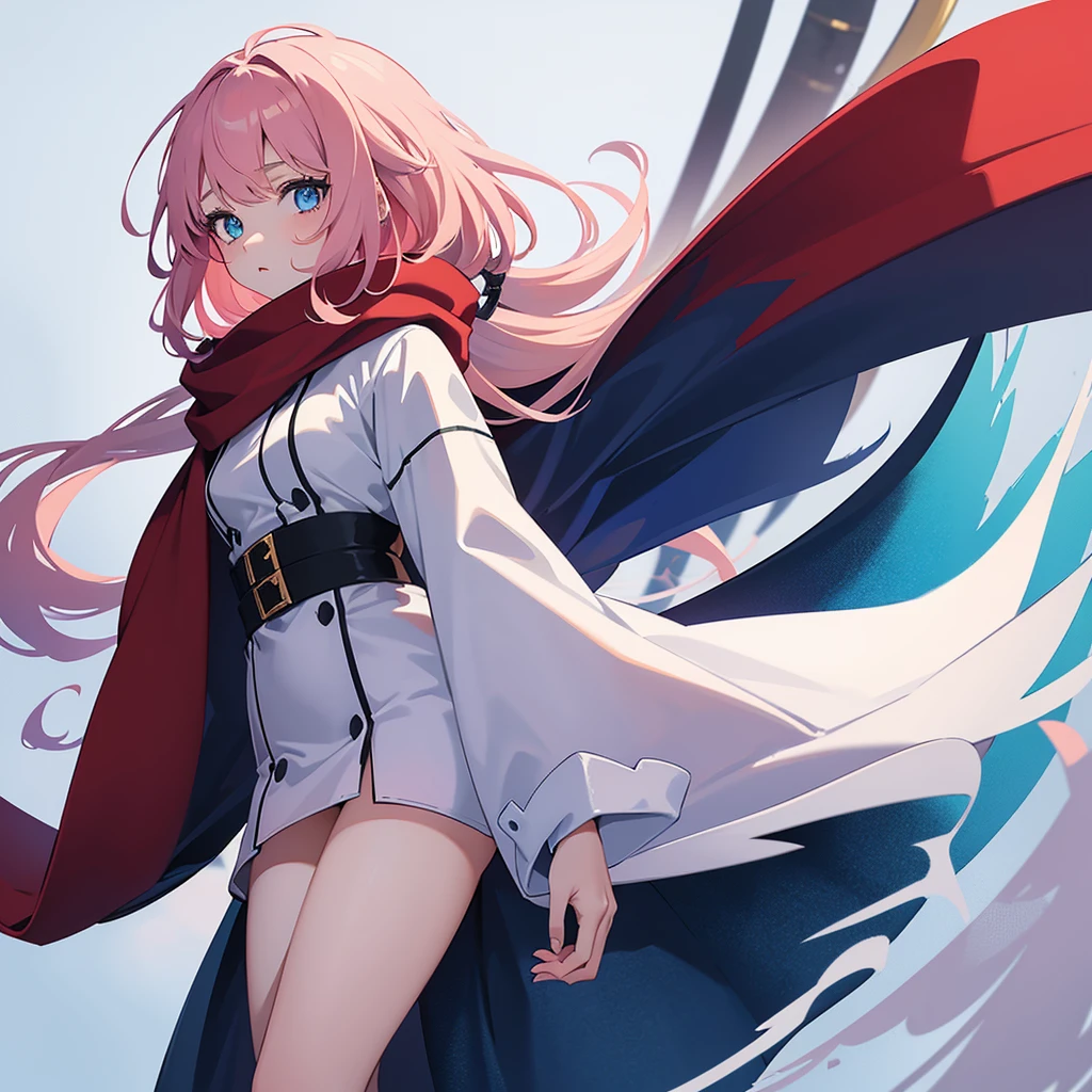 Full length anime girl, White background. young girl, 21 years old, With a cute face, large bright blue eyes and light smooth skin. She has pink hair, collected in a neat hairstyle, with small stray strands. The girl is dressed in a blue winter coat and a red scarf with black veins. The girl&#39;s mood is joy, she smiles, creating an atmosphere of warmth and friendliness. naked, sexy, excites