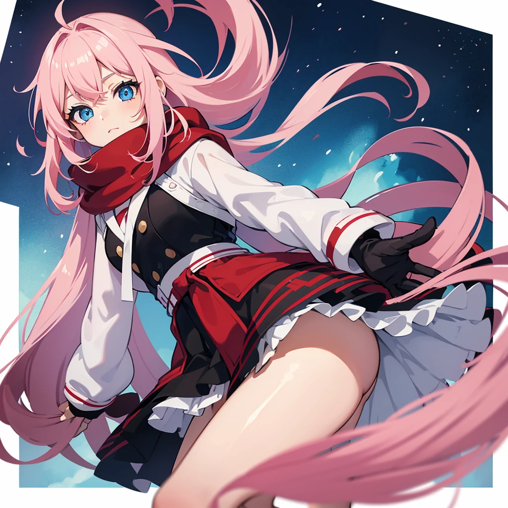 Naked Anime girl in full body, White background. young girl, With a cute face, large bright blue eyes and light smooth skin. She has pink hair, collected in a neat hairstyle, with small stray strands. The girl is dressed in a blue winter coat and a red scarf with black veins. The girl's mood is debauchery, she smiles, creating an atmosphere of excitement and friendliness.
