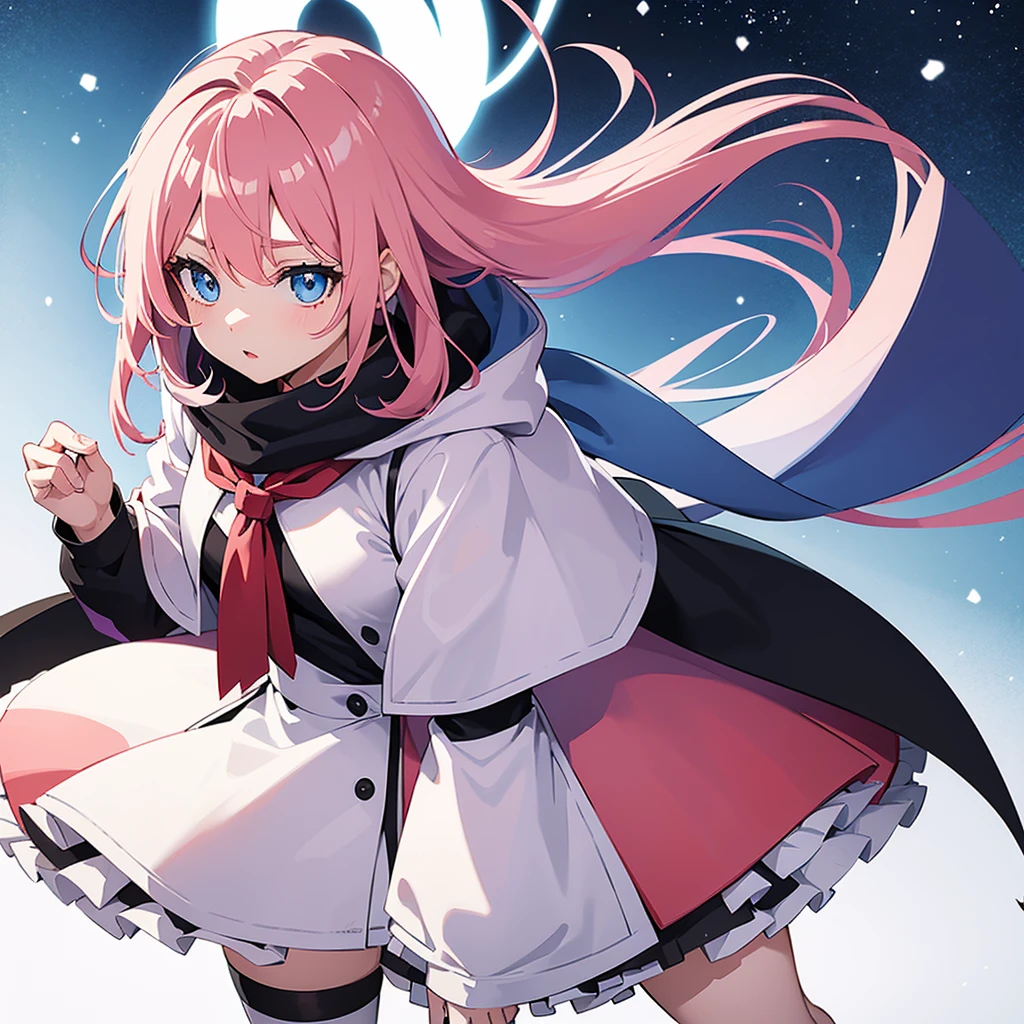 Full length anime girl, White background. young girl, 21 years old, With a cute face, large bright blue eyes and light smooth skin. She has pink hair, collected in a neat hairstyle, with small stray strands. The girl is dressed in a blue winter coat and a red scarf with black veins. The girl's mood is joy, she smiles, creating an atmosphere of warmth and friendliness. naked, sexy, excites