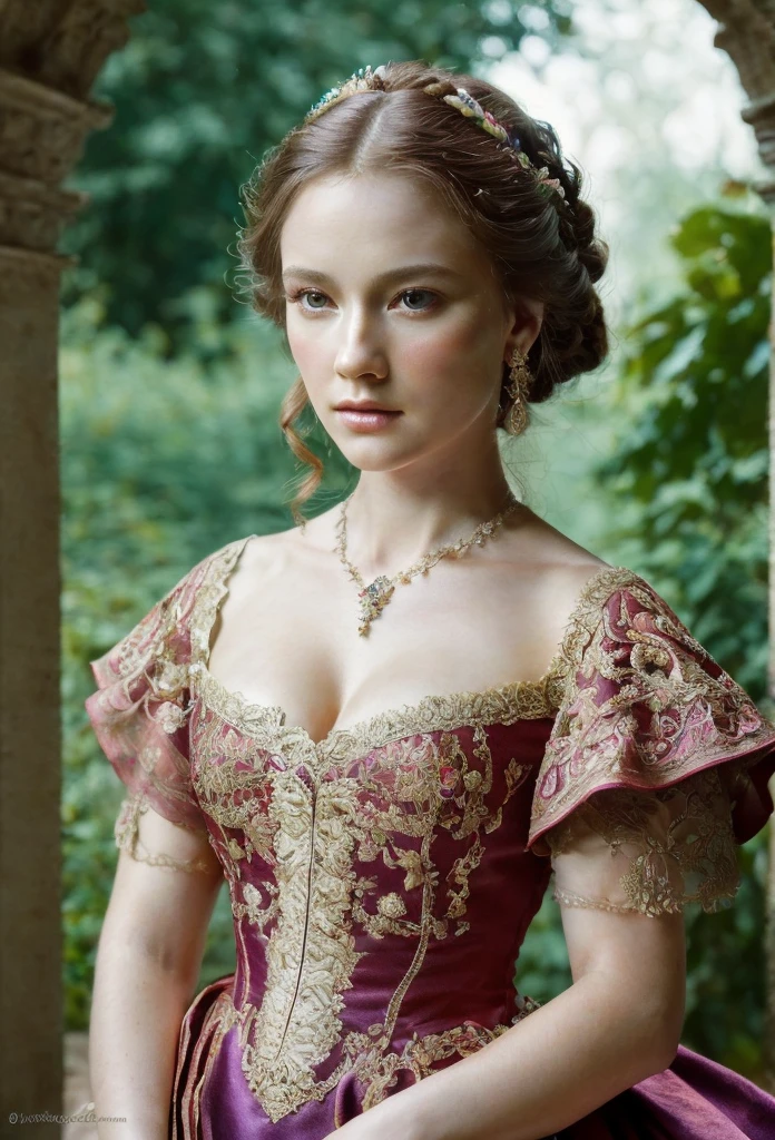 a renaissance girl, elegant long dress, intricate embroidery, porcelain skin, brown flowing hair, serene expression, standing in a lush garden, sunlight filtering through the trees, butterflies fluttering nearby, (best quality,4k,8k,highres,masterpiece:1.2),ultra-detailed,(realistic,photorealistic,photo-realistic:1.37),detailed facial features, HDR, UHD, studio lighting, ultra-fine painting, sharp focus, physically-based rendering, extreme detail description, professional, vivid colors, baroque,chiaroscuro lighting