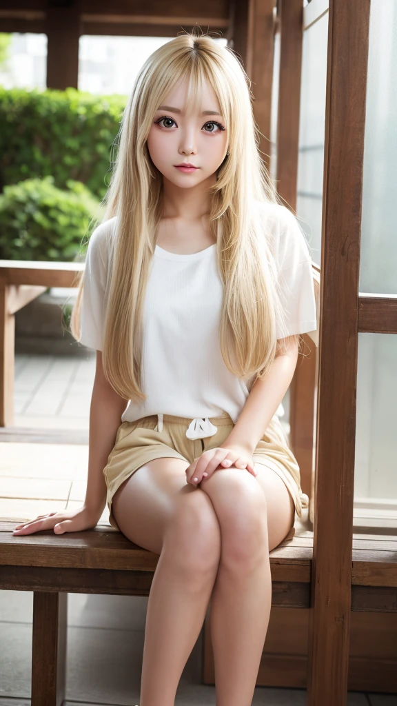 Highest quality、Highest quality、High resolution、8k、masterpiece、Young Japanese Woman、One Woman、blonde、blonde、Long Hair、Blurred Background、Big eyes、Daytime、sunlight、Shorts、Sit and open your legs、