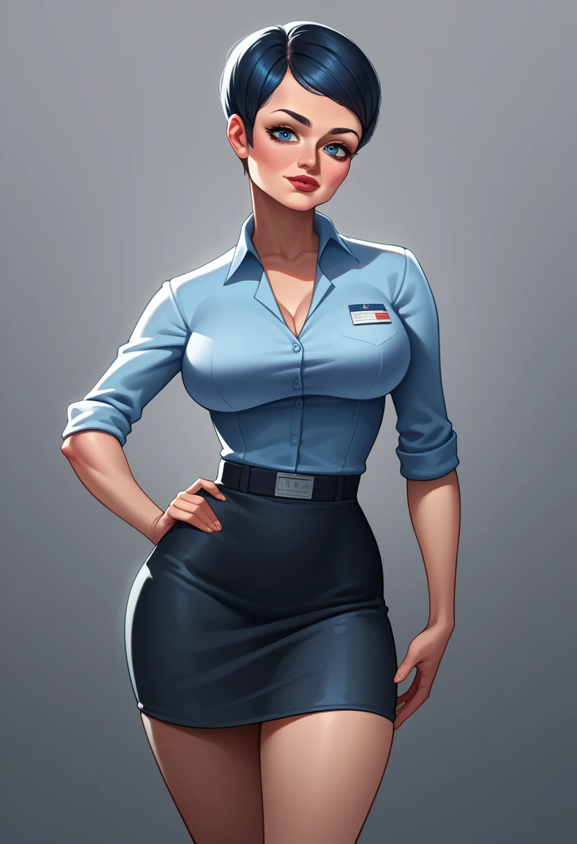 Roxanne Ritchi, clear blue eyes, hand on hip, reporter uniform, pencil skirt, Tilt your head, cowboy shot, very big tits, (breasts marking), big-ass, beautiful curves, coxas nuas, nice legs, 正面, 1 girl, standing alone, gazing at viewer, all-body, pose, best quality, no flaws