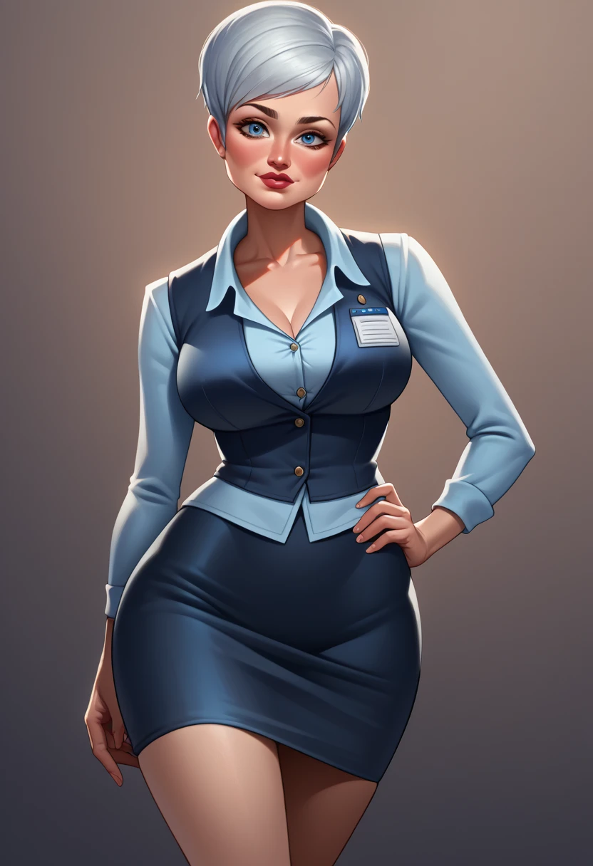 Roxanne Ritchi, clear blue eyes, hand on hip, reporter uniform, pencil skirt, Tilt your head, cowboy shot, very big tits, (breasts marking), big-ass, beautiful curves, coxas nuas, nice legs, 正面, 1 girl, standing alone, gazing at viewer, all-body, pose, best quality, no flaws