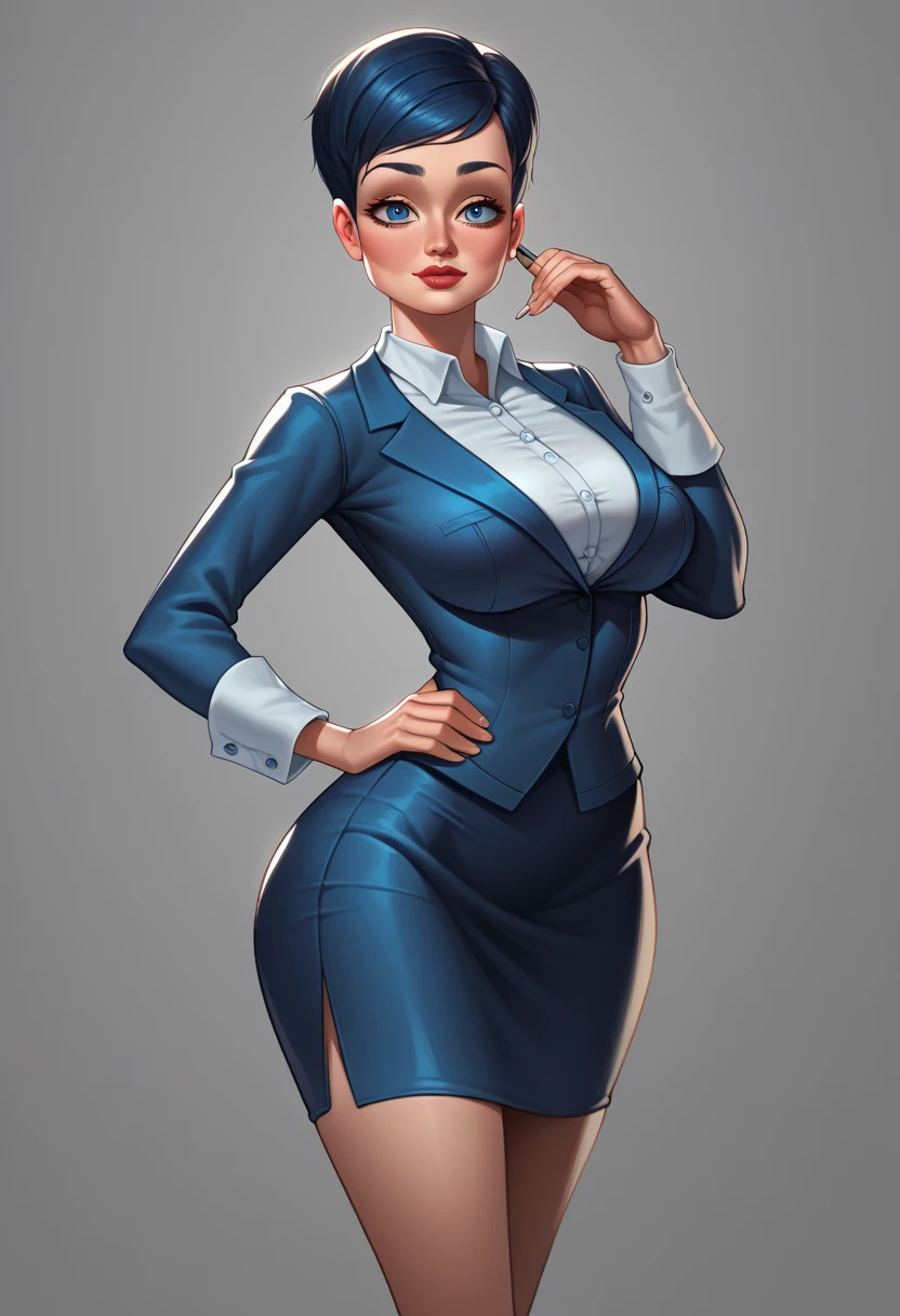 Roxanne Ritchi, clear blue eyes, hand on hip, reporter uniform, pencil skirt, Tilt your head, cowboy shot, very big tits, (breasts marking), big-ass, beautiful curves, coxas nuas, nice legs, 正面, 1 girl, standing alone, gazing at viewer, all-body, pose, best quality, no flaws