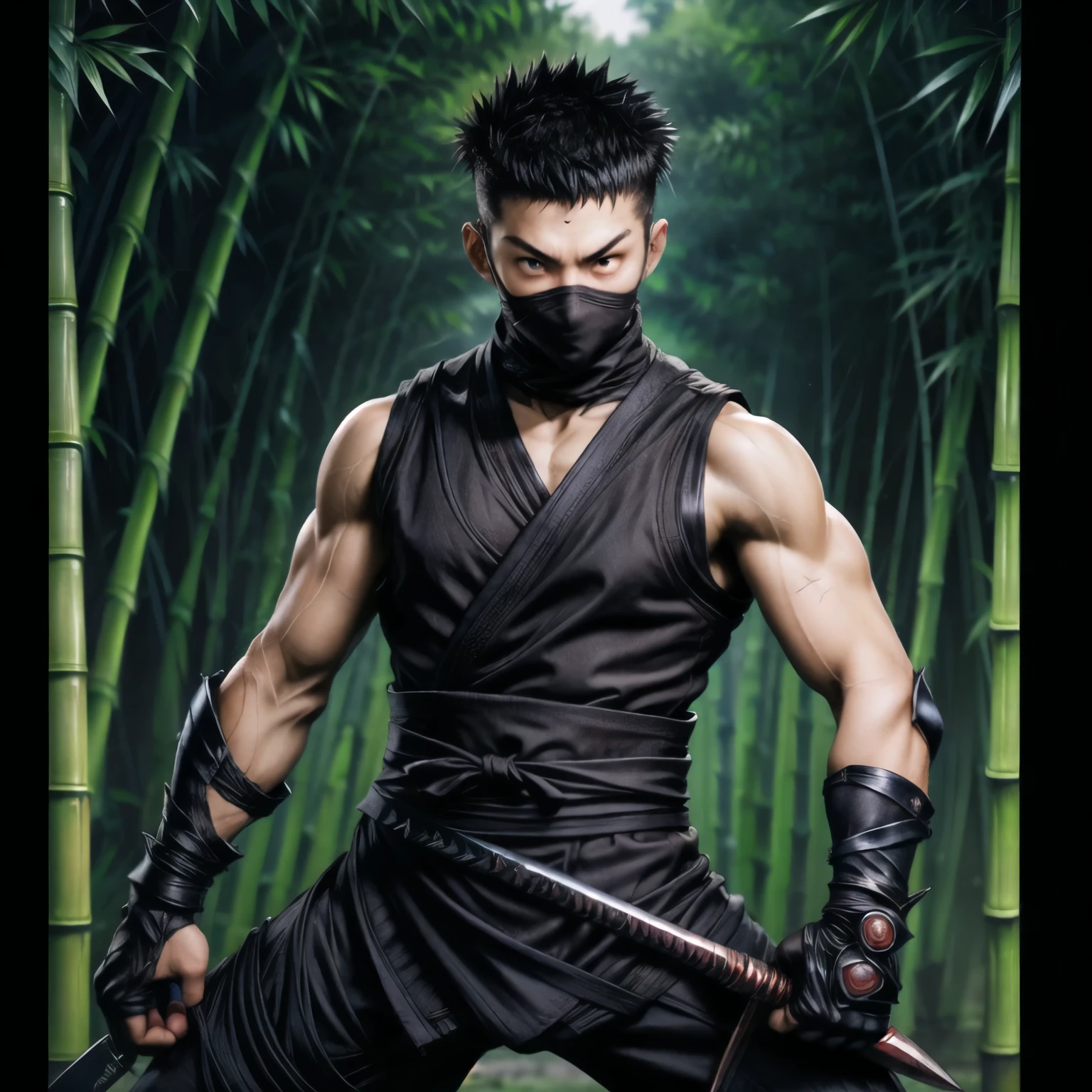 (((Cover your nose and neck with black cloth)))、Japanese men、Fromside、(((battoujutsu stance,weapon)))、((Sleeveless ninja jacket))、(((Ninja Pants)))、(((Ninja Tabi)))(Arm tattoo)、Muscular、(Glowering look、looking at viewer、big eyes、furious)、((Bamboo grove)、undercut Spiky hair、16 years old、((full body))、