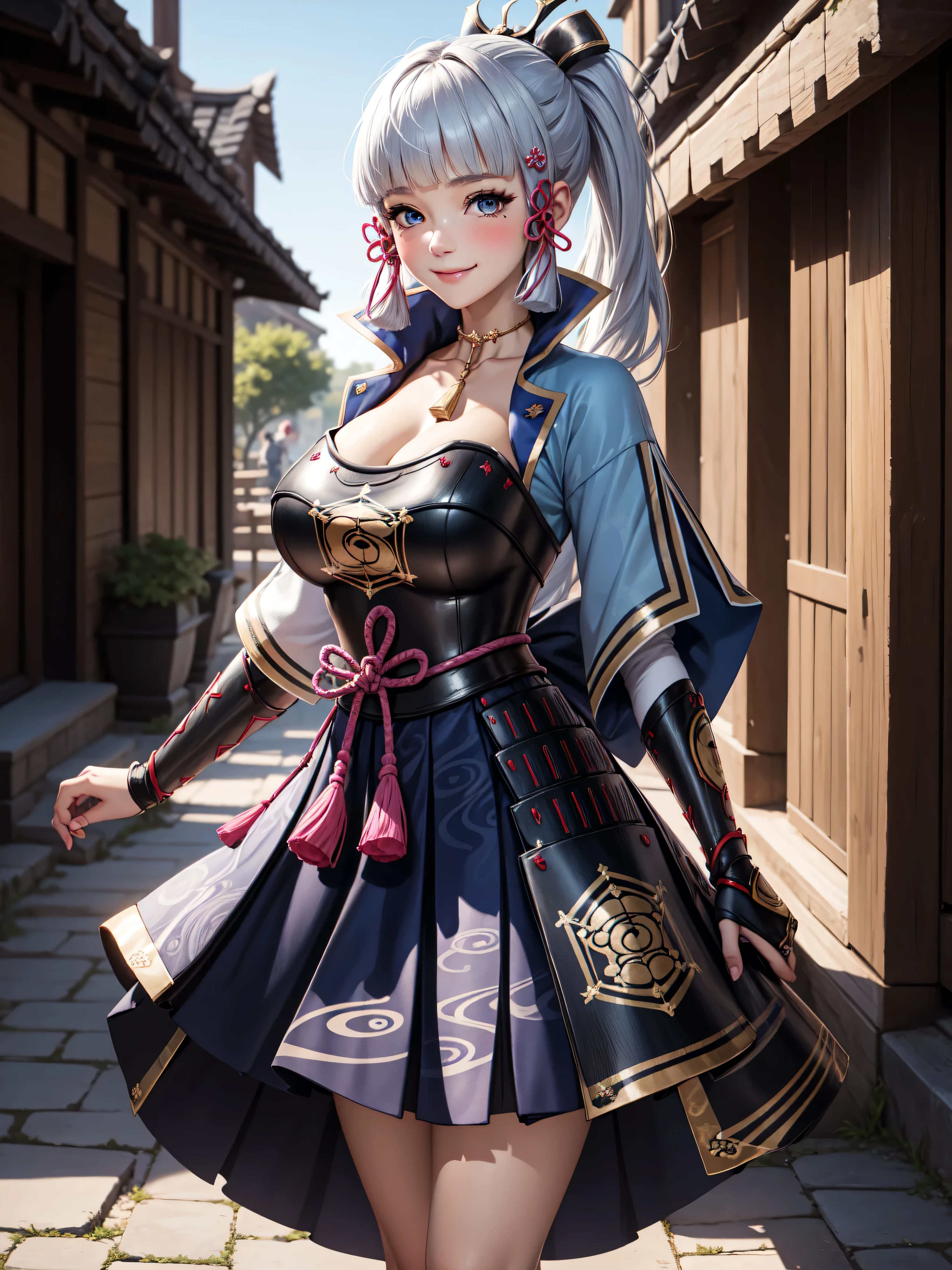 Masterpiece, ultra detail, high quality, 8k cg, (huge breasts), kamisatoayakadef, blush, bright eyes, standing, village, slim body, narrow waist, upper body, smile