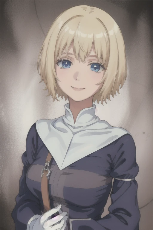 Orsola, short blonde hair, solo, smiling,blue habit ,white gloves, long sleeves, nun, long skirt, (insanely detailed, beautiful detailed face,beautiful detailed eyes, masterpiece, best quality) 