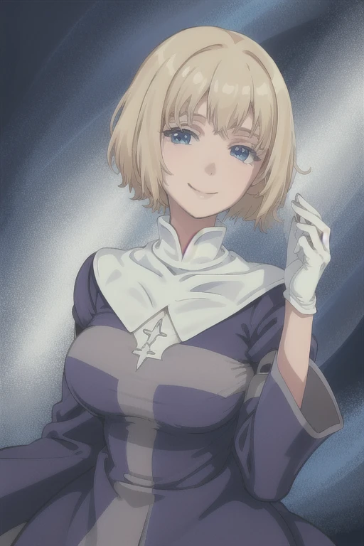 Orsola, short blonde hair, solo, smiling,blue habit ,white gloves, long sleeves, nun, long skirt, (insanely detailed, beautiful detailed face,beautiful detailed eyes, masterpiece, best quality) 