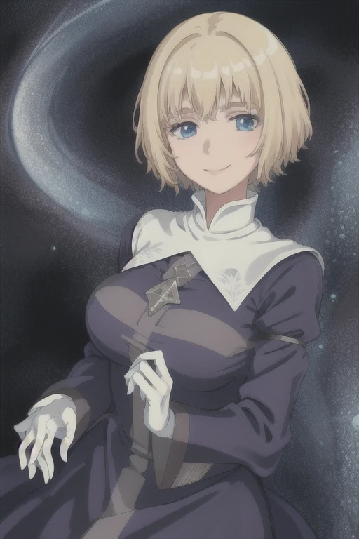 Orsola, short blonde hair, solo, smiling,blue habit ,white gloves, long sleeves, nun, long skirt, (insanely detailed, beautiful detailed face,beautiful detailed eyes, masterpiece, best quality) 