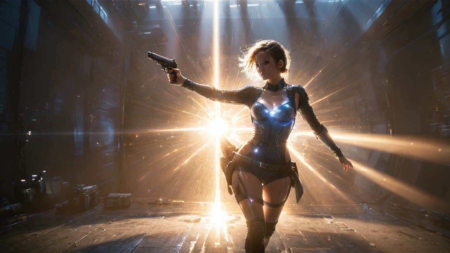 (((aerial view))), (flying cars docking platform), Blade Runner style futuristic city alley, neon lights, rainy night. (1girl, solo, alone), large-breast:1.2 slim body, cleavage:1.1, sexy wind blowing wet dress:1.4, headphone, (black sunglasses), (((she raised a pistol:1.8 and shot:1.8 the viewer))), dynamic pose, (((half-body thigh level medium shot))), cinematic vortex back lighting, lens flare, ray tracing, blurred:1.4 background.