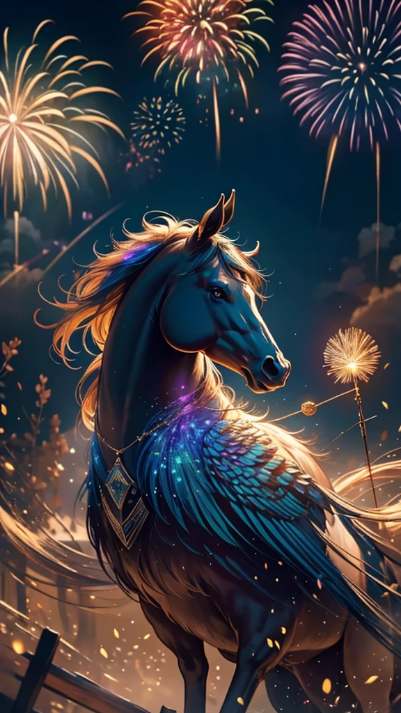 horse、horseたちに囲まれて、Mysterious Landscape、firework、firework大会、Rainbow colorsのfireworkが打ちあがっている瞬間、夜nullとともに、草原な景色で壮大なfirework、future都市、Highest quality、masterpiece, (Diffuse reflection of light:1.2), When the fantastic rainbow turns into shadow, bathed in a mystical atmosphere.horseたちも見ています, Cast magic spells. evoke a sense of wonder and awe. A fusion of natural grandeur and magic, Weaving dreams into reality. Behold, null, And the unknown, Fleeting、And an eternal moment, 16K, Ultra-high resolution.Realistic, Ultra-high resolution, to be born,future、Rainbow colorsに光り輝く、Rainbow colors、The world 30 years from now。