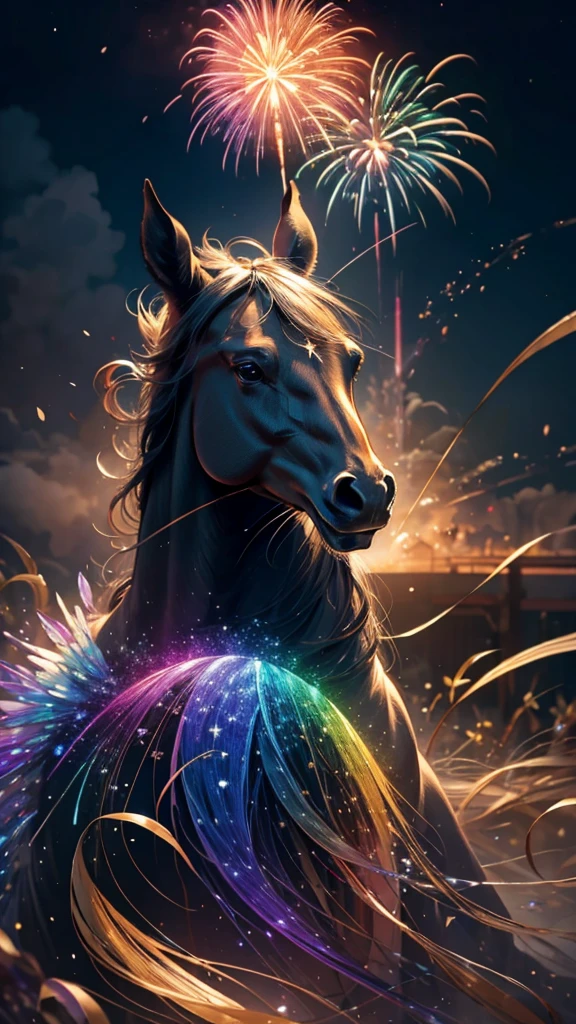horse、horseたちに囲まれて、Mysterious Landscape、firework、firework大会、Rainbow colorsのfireworkが打ちあがっている瞬間、夜nullとともに、草原な景色で壮大なfirework、future都市、Highest quality、masterpiece, (Diffuse reflection of light:1.2), When the fantastic rainbow turns into shadow, bathed in a mystical atmosphere.horseたちも見ています, Cast magic spells. evoke a sense of wonder and awe. A fusion of natural grandeur and magic, Weaving dreams into reality. Behold, null, And the unknown, Fleeting、And an eternal moment, 16K, Ultra-high resolution.Realistic, Ultra-high resolution, to be born,future、Rainbow colorsに光り輝く、Rainbow colors、The world 30 years from now。