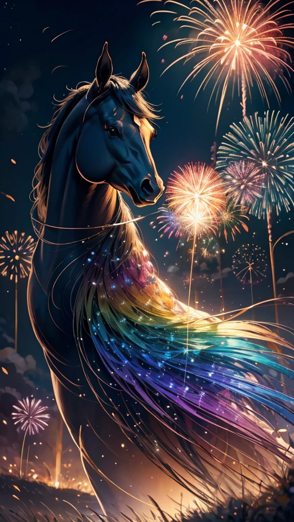 horse、horseたちに囲まれて、Mysterious Landscape、firework、firework大会、Rainbow colorsのfireworkが打ちあがっている瞬間、夜nullとともに、草原な景色で壮大なfirework、future都市、Highest quality、masterpiece, (Diffuse reflection of light:1.2), When the fantastic rainbow turns into shadow, bathed in a mystical atmosphere.horseたちも見ています, Cast magic spells. evoke a sense of wonder and awe. A fusion of natural grandeur and magic, Weaving dreams into reality. Behold, null, And the unknown, Fleeting、And an eternal moment, 16K, Ultra-high resolution.Realistic, Ultra-high resolution, to be born,future、Rainbow colorsに光り輝く、Rainbow colors、The world 30 years from now。