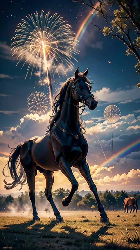 horse、Surrounded by horseysterious Landscape、firework、Firework Tournament、The moment when the rainbow colored fireworks burst into flames、夜zeroとともに、Magnificent fireworks in a grassland setting、Future City、Highest quality、masterpiece, (Diffuse reflection of light:1.2), When the fantastic rainbow turns into shadow, bathed in a mystical atmosphere.The horses are watching too, Cast magic spells. evoke a sense of wonder and awe. A fusion of natural grandeur and magic, Weaving dreams into reality. Behold, zero, And the unknown, Fleeting、And an eternal moment, 16K, Ultra-high resolution.Realistic, Ultra-high resolution, to be born,future、Rainbow colorsに光り輝く、Rainbow colors、The world 30 years from now。