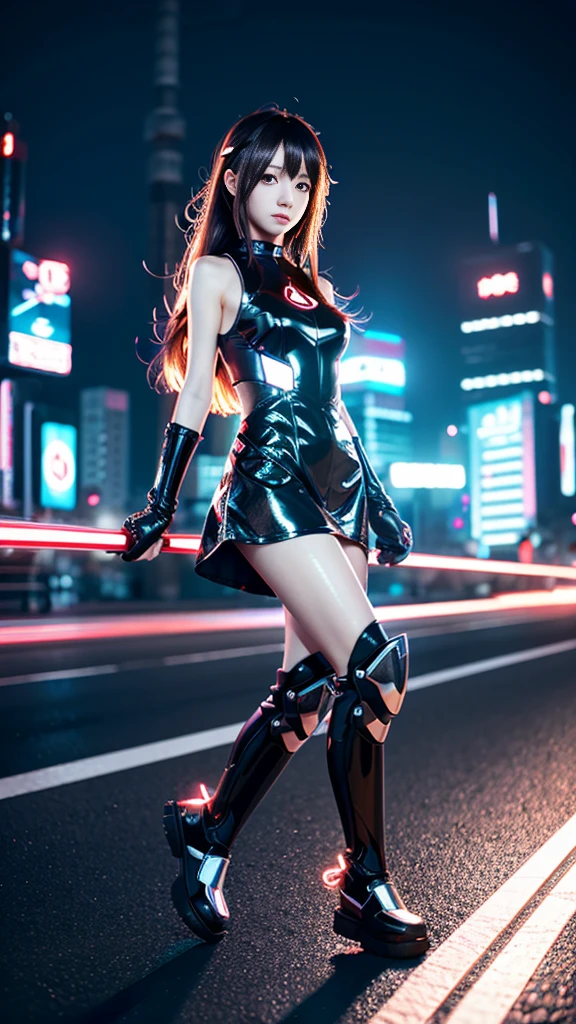 high resolution,8k,1女の子のDetailed,The head, body and even the feet are facing me., Cyberpunk Costume,Only black clothing,The costume is shiny,The whole figure is facing this way and riding a racing kart,Shiny red long hair,8k,Detailed目,detailed Digital Art, Digital Art, Photorealistic anime girl rendering, Digital anime illustration, Smooth CG art, Digital Art,Detailedアート, Style 8K, Detailed,The background is white only,