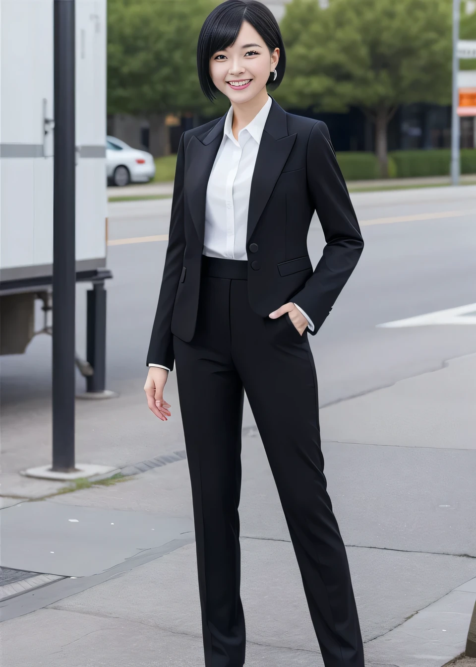 Highest quality, Photorealistic,、（Full body photo）、Outdoor,、Black Hair、Ear piercing、smile、Beautiful teeth alignment、 Black suit, Are standing, Jacket, Pants Style、Recruitment Suit,,, pumps, Task in Progress50%