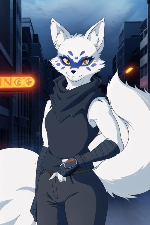 Alopex, arctic fox, furry character, blue marks face, tmnt, smile, orange eyes, girl1, solo, city, fox tail, black scarf, black bandage arms and legs, ninja shirt, ninja pants, Fox Ears, Anime style, Masterpiece, Best Quality,